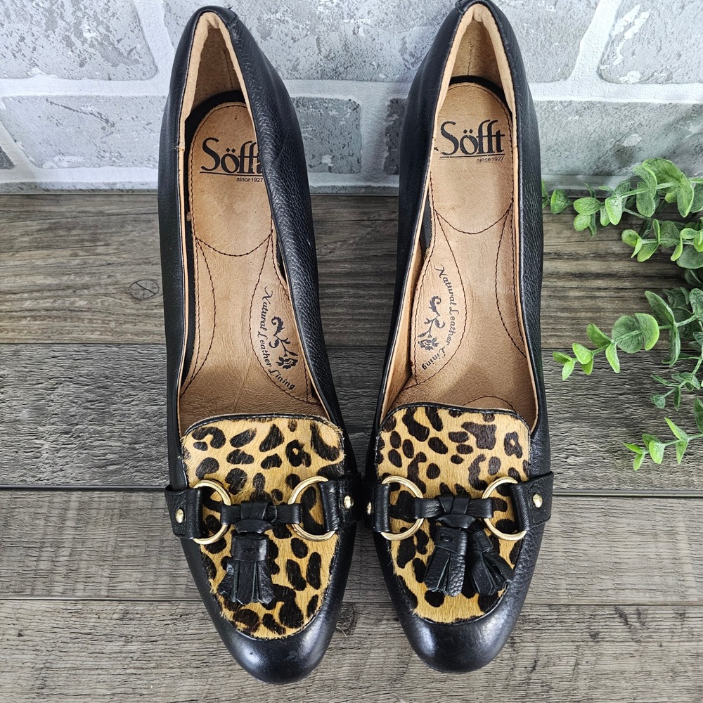 Sofft Black Leather Leopard Cow Hair Horsebit Tassel Block Heel Pumps 10M CCEE15 - Picture 3 of 9